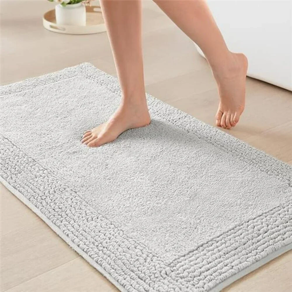 Grey Cotton Bath Mat 21x34 Reversible Plush Bathroom Rug Soft Absorbent Quick Dr